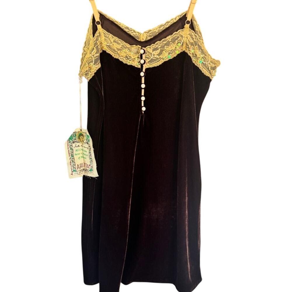Aratta Velvet Slip Dress Brown Lace Trim Pearl Sequin V Neck Small NWT